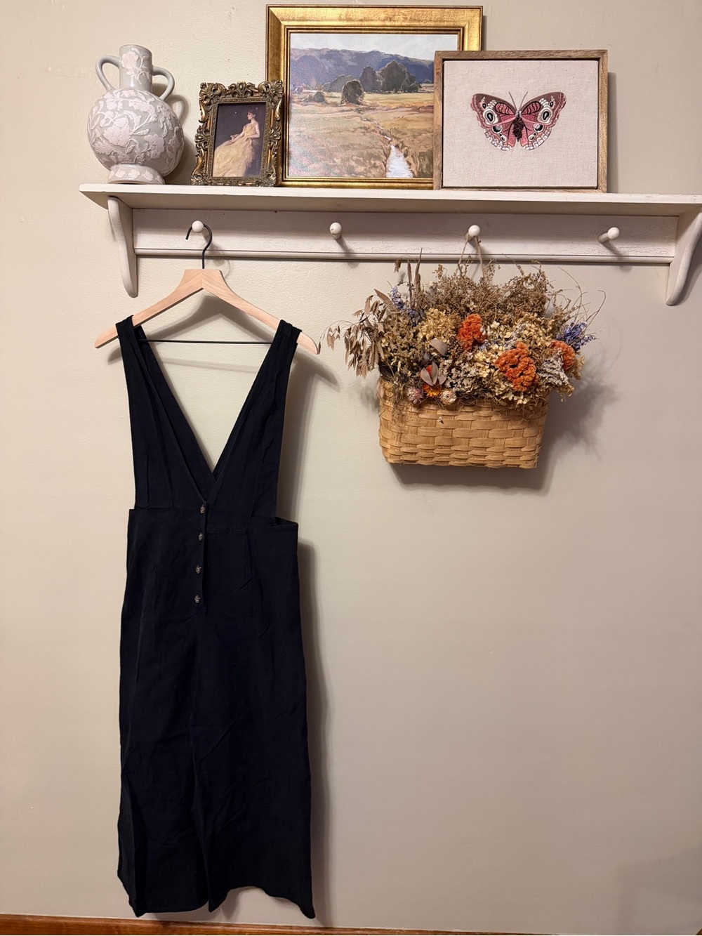 Black V-Neck Button-Front Pinafore Dress